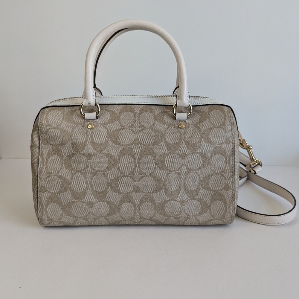 Coach Rowan Satchel Bag Signature Logo Taupe Canvas Leather Trim Crossbody Purse - Picture 4 of 16